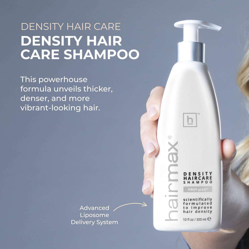 HairMax Density Shampoo scalp exfoliation scene illustrating product buildup removal.