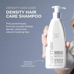 HairMax Density Shampoo scalp exfoliation scene illustrating product buildup removal.