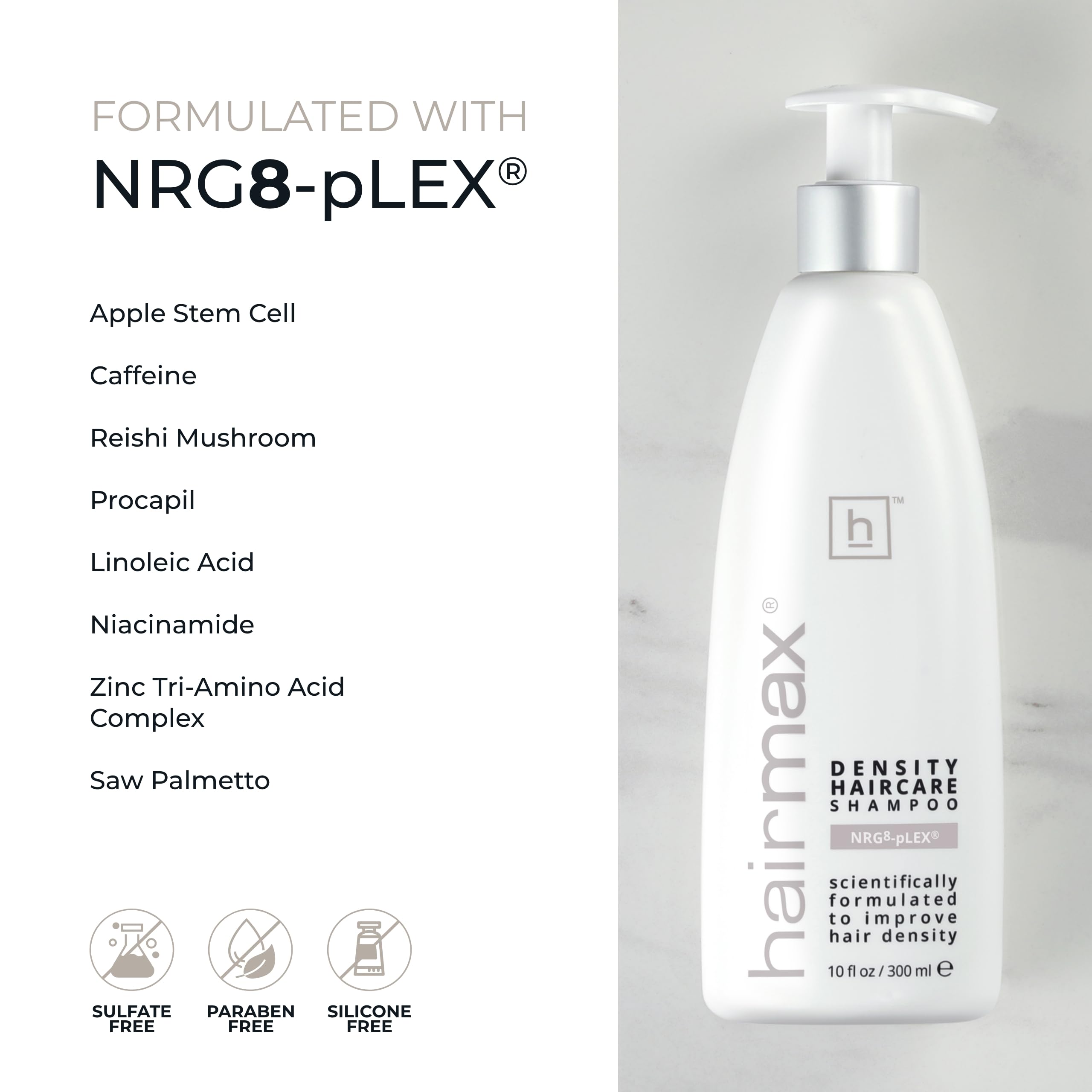 HairMax Density Shampoo in shower scene with refreshed bathroom vibe.