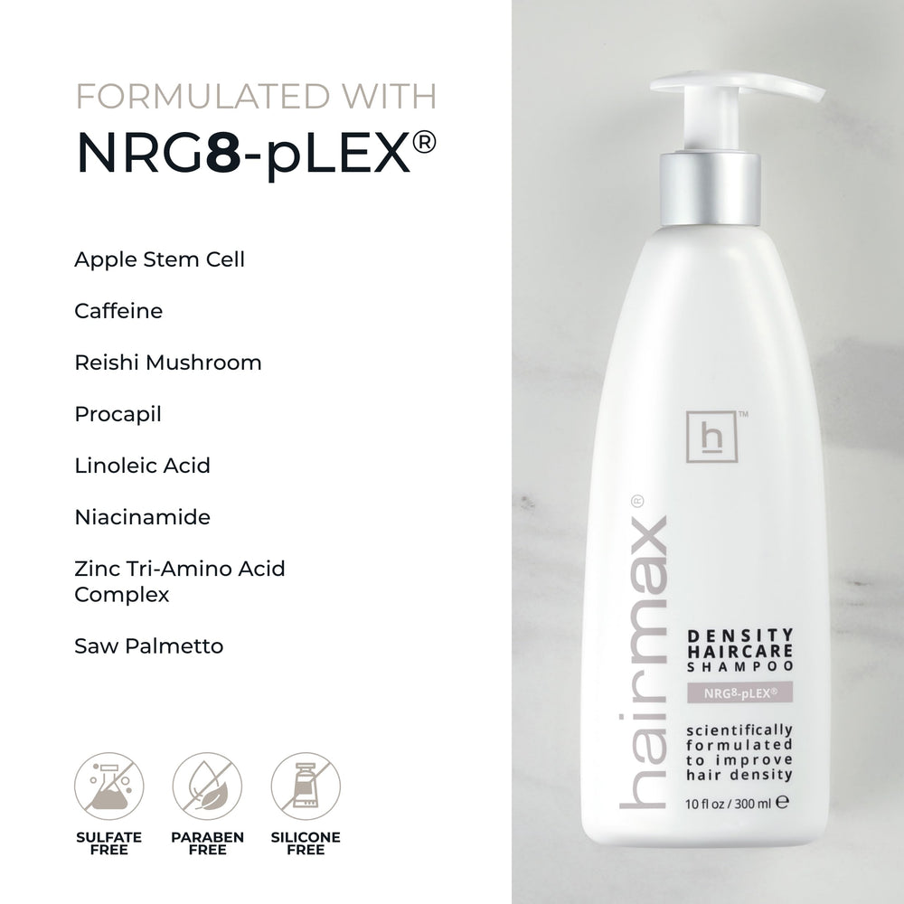 HairMax Density Shampoo in shower scene with refreshed bathroom vibe.