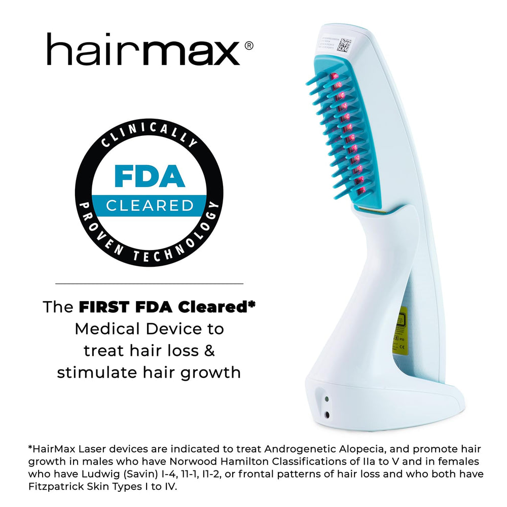 HairMax Ultima 12 Classic charging cradle keeps the device ready for use.
