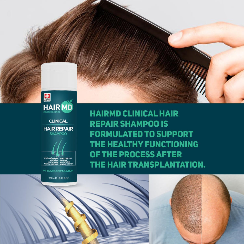 HairMD Transplant Clinical Repair Shampoo scalp closeup emphasizes soothing cleansing