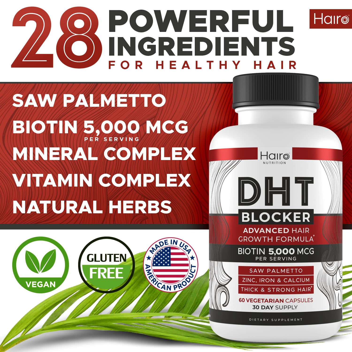 Hairo Nutrition DHT Blocker ingredients spotlight, including saw palmetto and biotin.