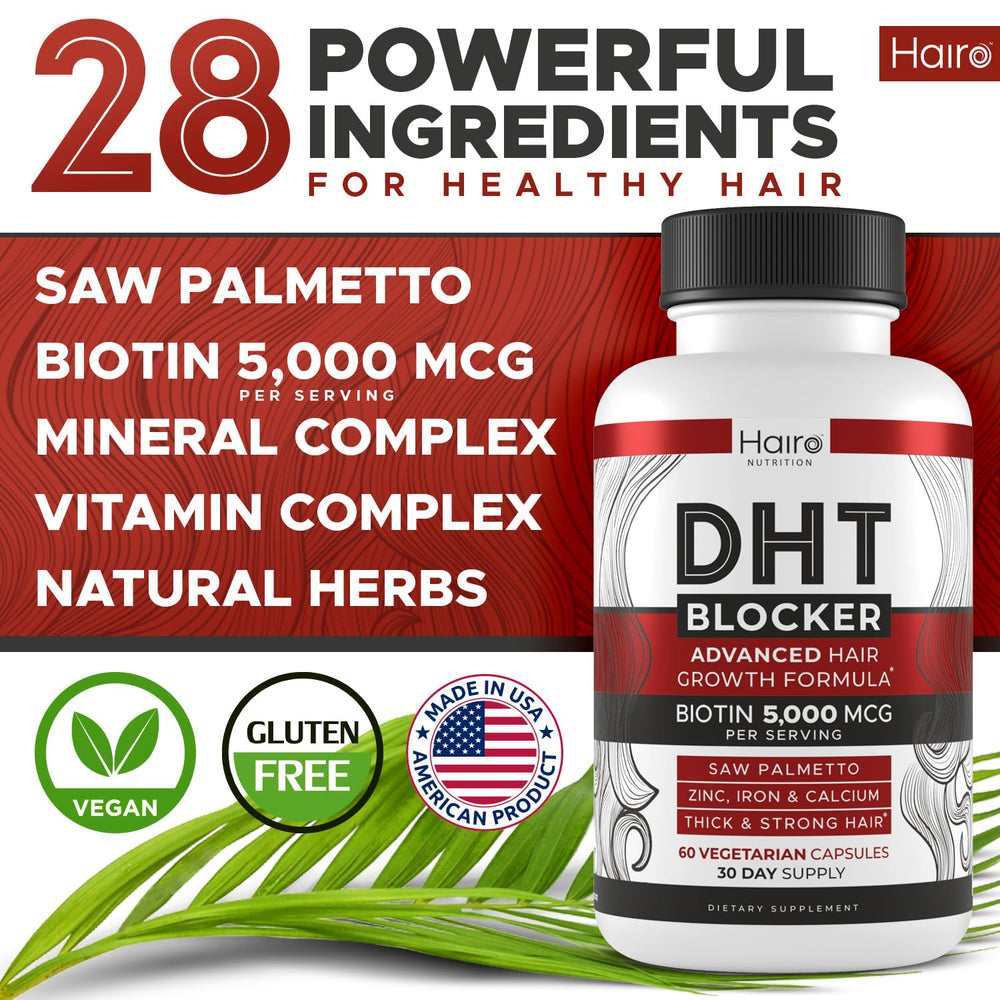 Hairo Nutrition DHT Blocker ingredients spotlight, including saw palmetto and biotin.