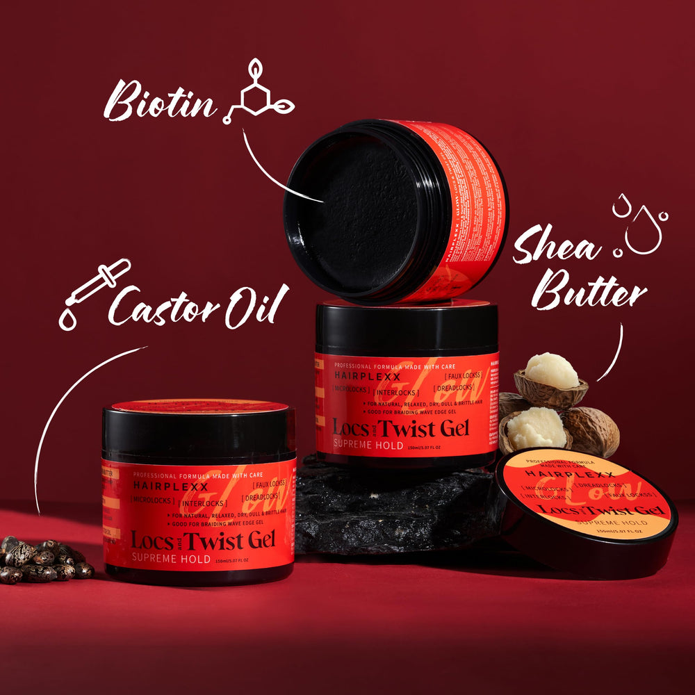 Hairplexx Glow Loc & Twist Gel bottle beside castor oil for deep conditioning