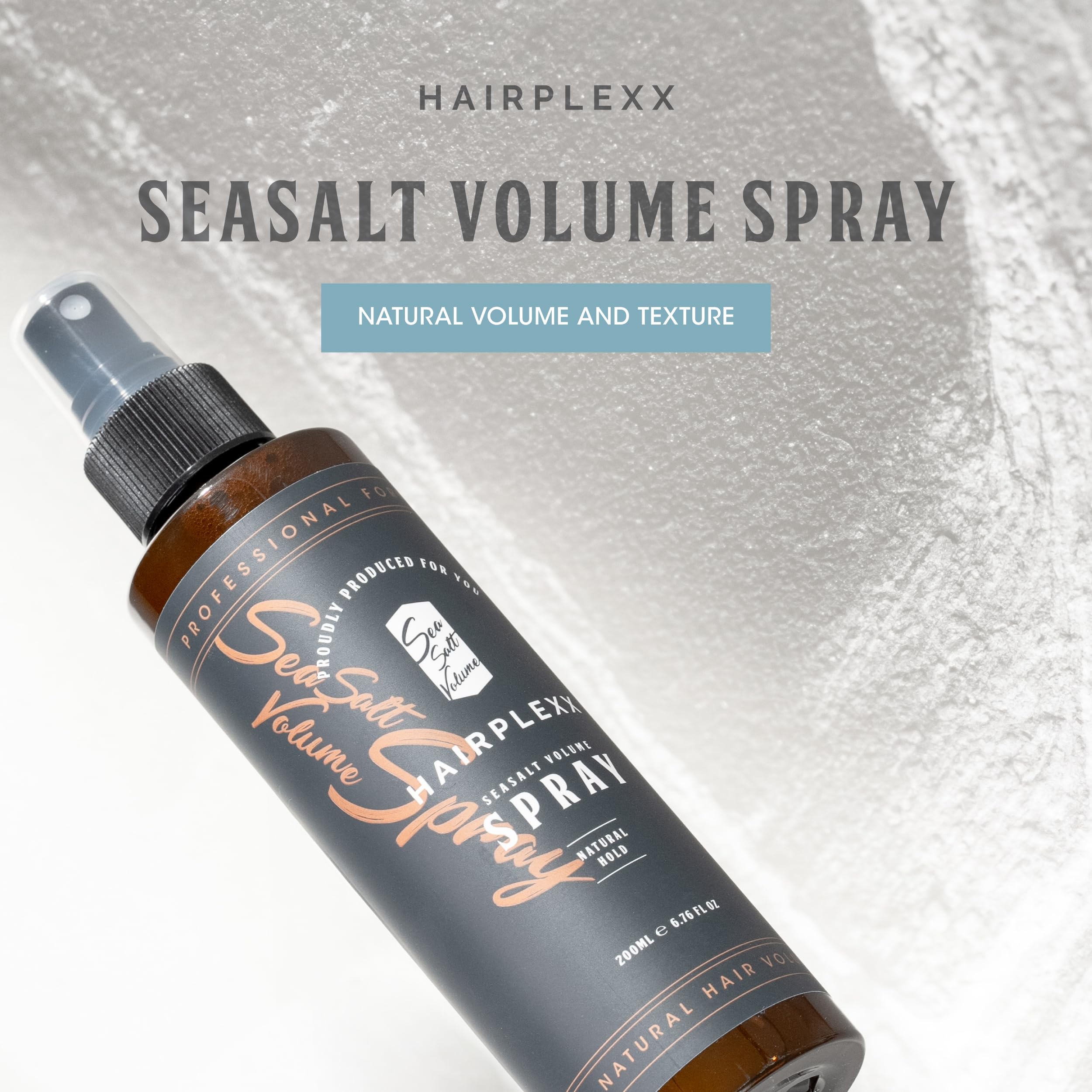 Hairplexx Sea Salt Volume bottle highlights natural, paraben-free ingredients.
