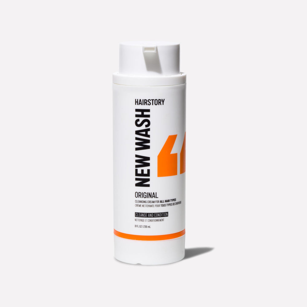 Hairstory New Wash Original bottle front, color-safe cleansing and texture boost.