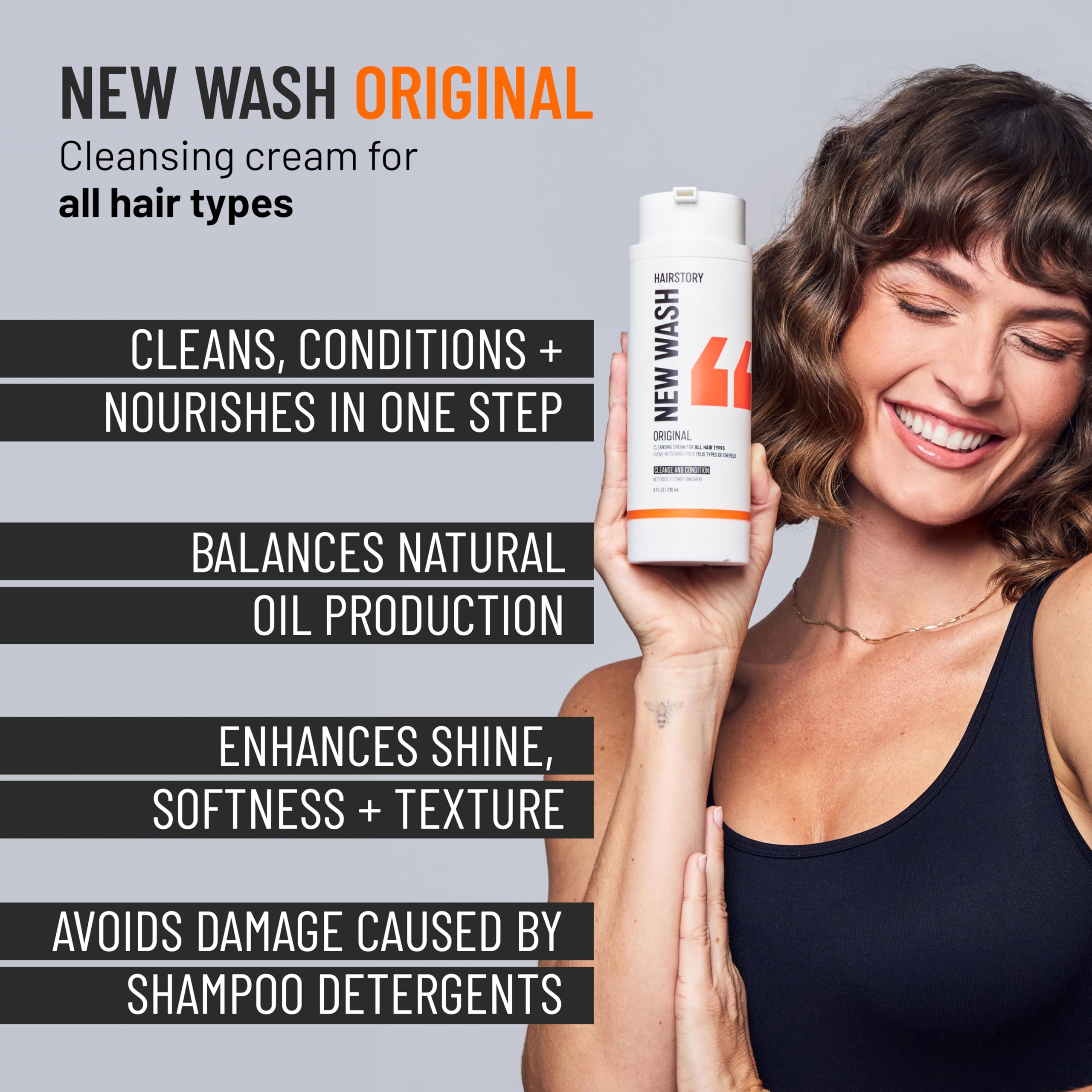 Hairstory New Wash Original label closeup, clean ingredients focus.
