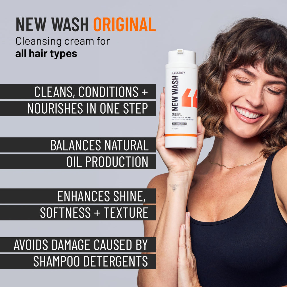 Hairstory New Wash Original label closeup, clean ingredients focus.