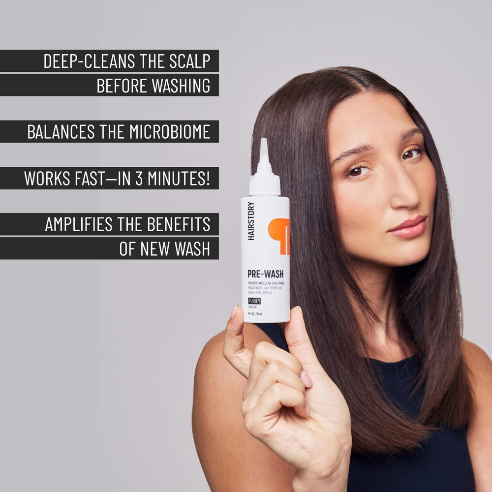 Massaging scalp brush with Hairstory Pre-Wash enhances comfortable cleansing