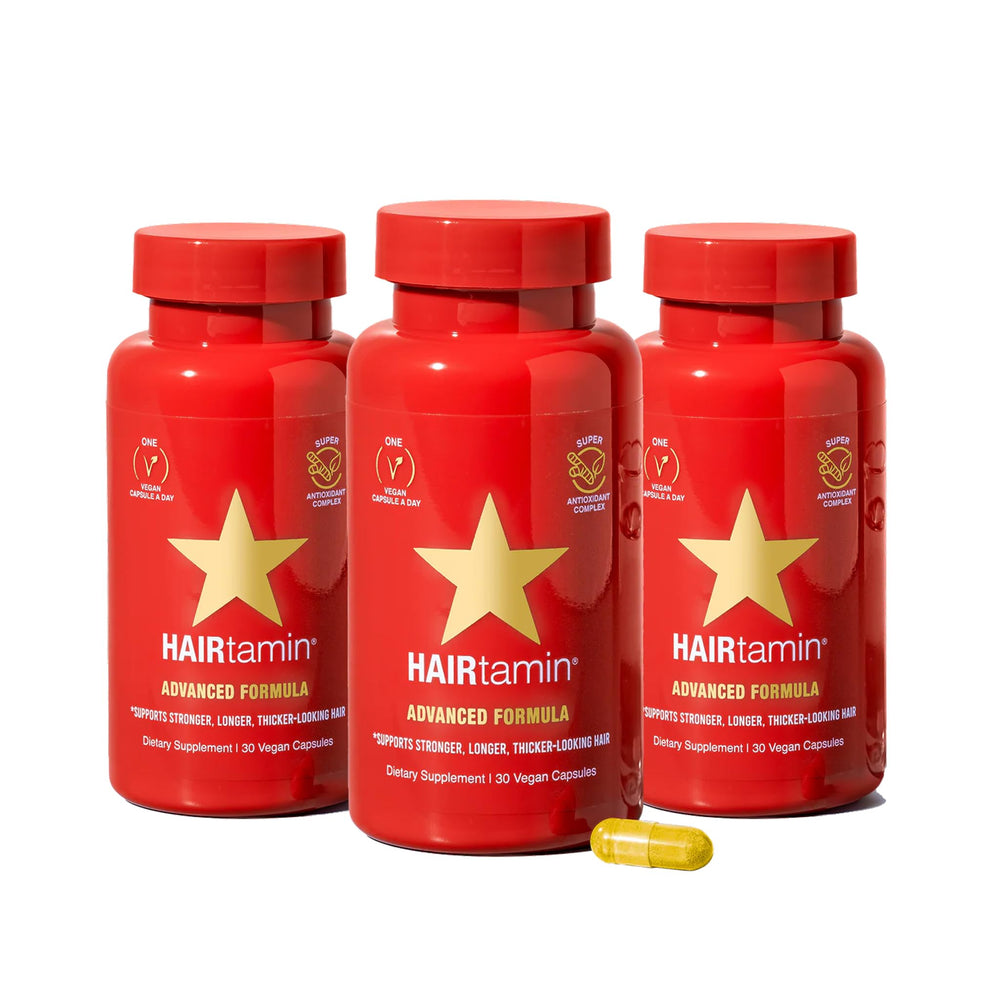 HAIRtamin Advanced Formula bottle front showing a three-month supply for stronger hair