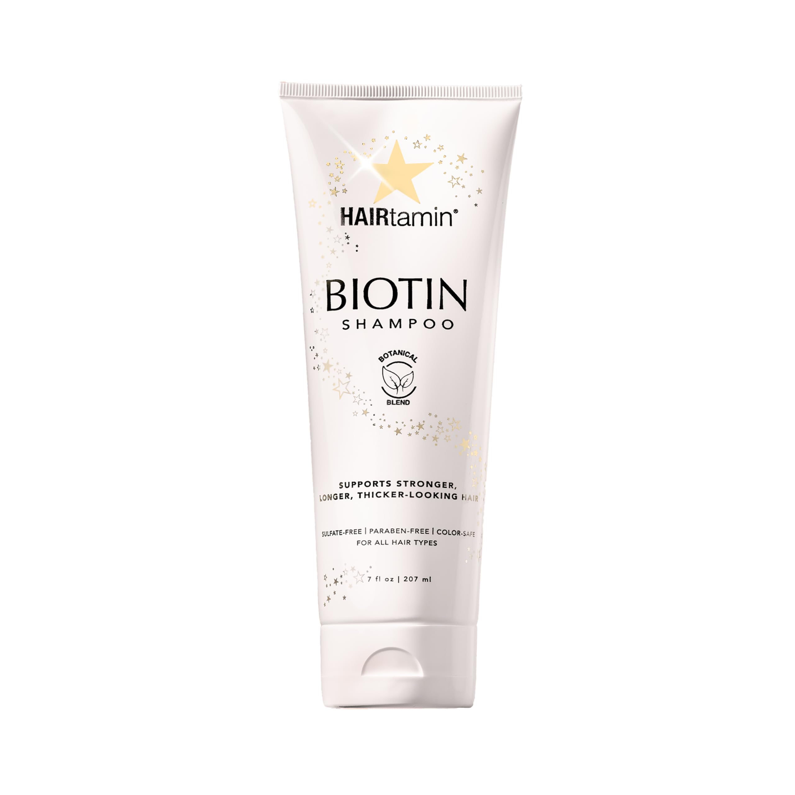 HAIRtamin Biotin Shampoo bottle shows sulfate-free, vitamin-rich formula for healthy strands
