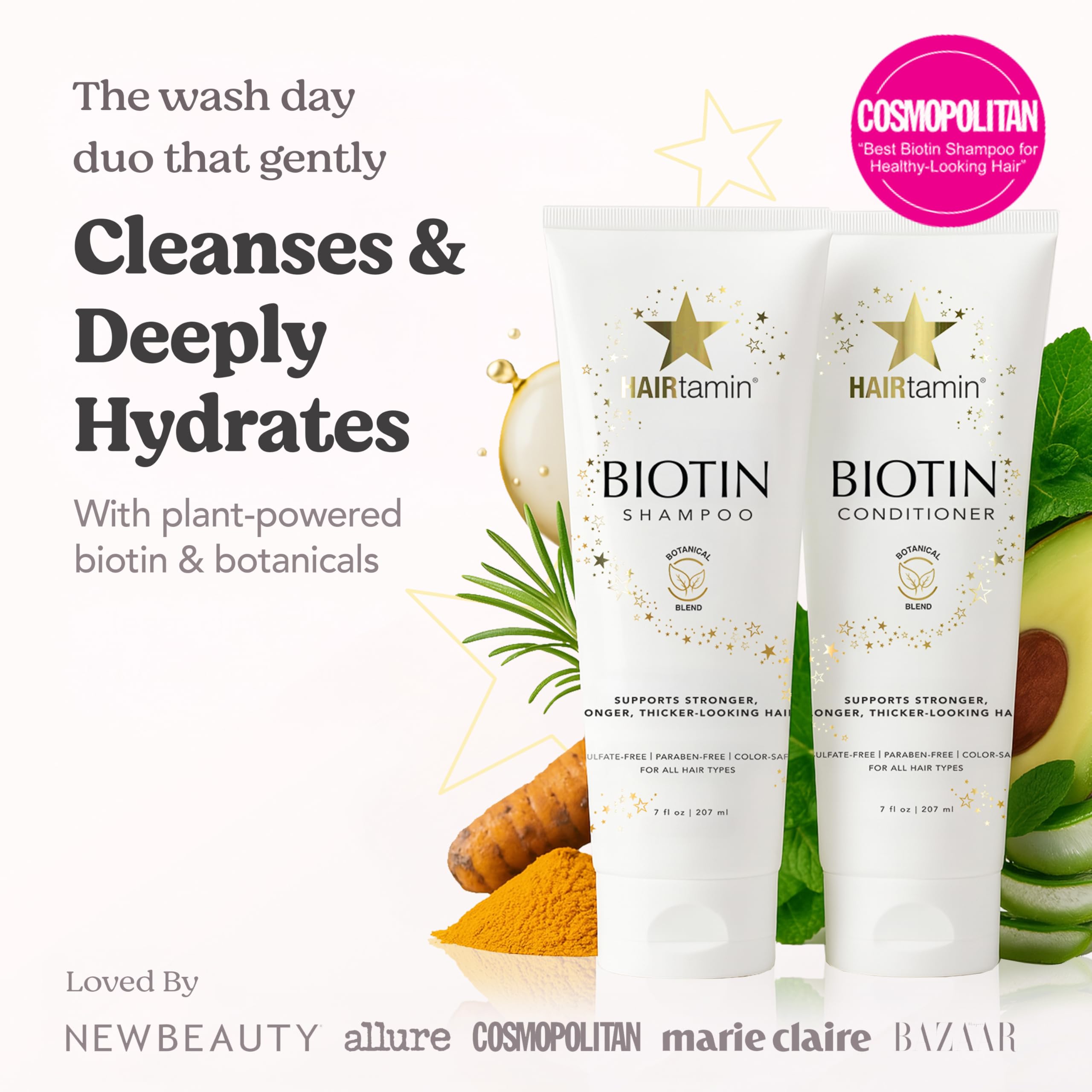 HAIRtamin conditioner bottle closeup highlights volumizing, non-sticky moisture.