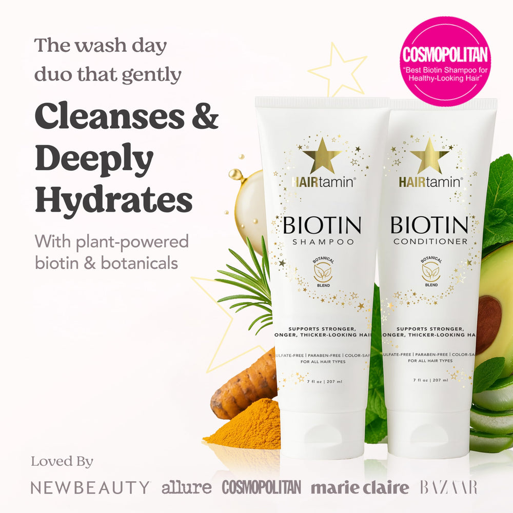 HAIRtamin conditioner bottle closeup highlights volumizing, non-sticky moisture.