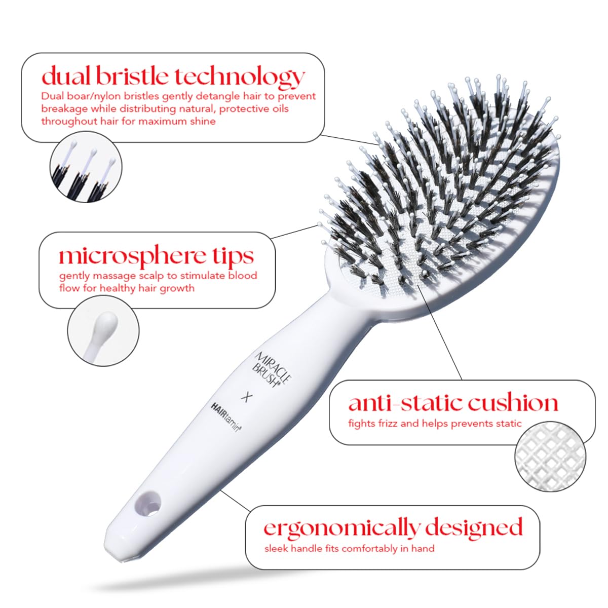 Hairtamin Miracle Brush close up bristles highlight anti-static technology