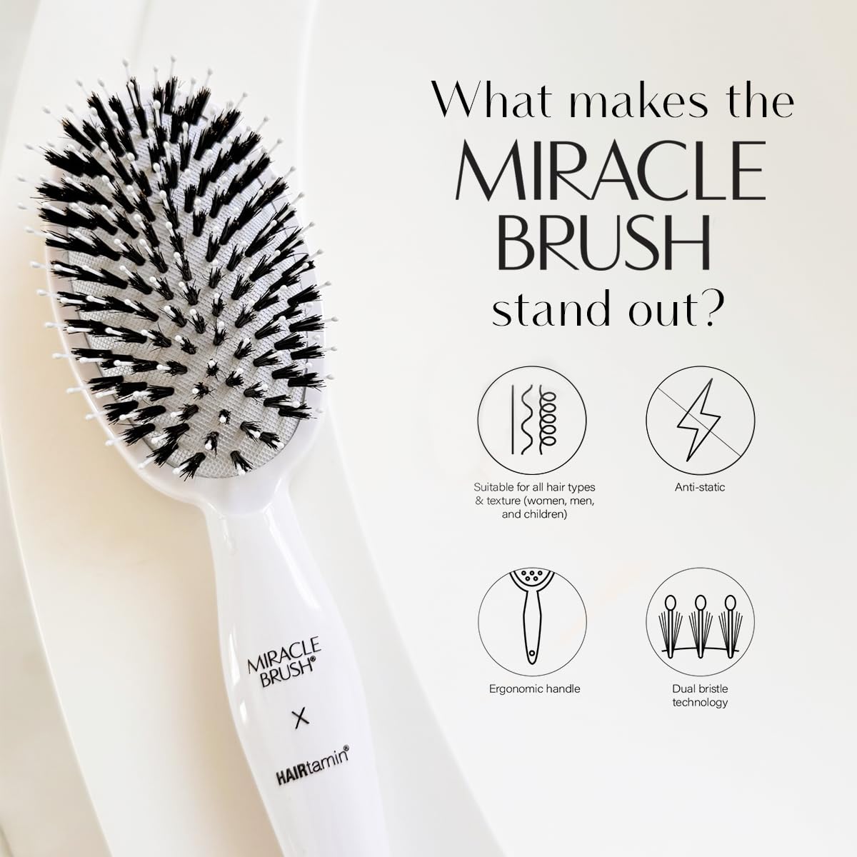 Hairtamin Miracle Brush side view shows ergonomic handle and lightweight design