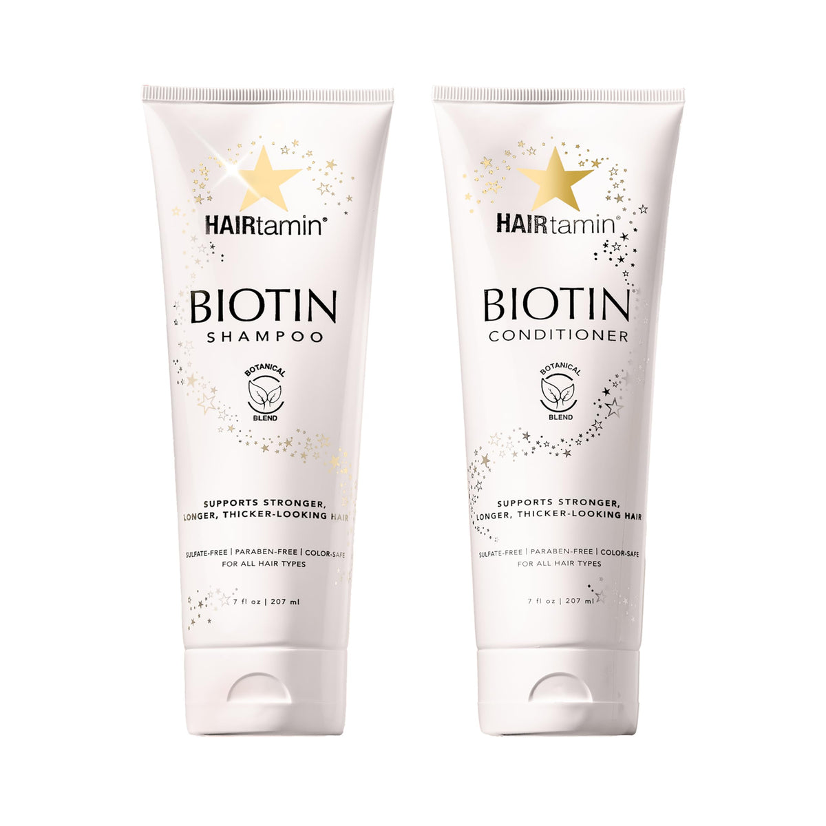 HAIRtamin shampoo bottle closeup shows color-safe formula for treated hair.