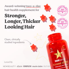 HAIRtamin Vegan Gummy Stars bottle side view showing compact packaging.