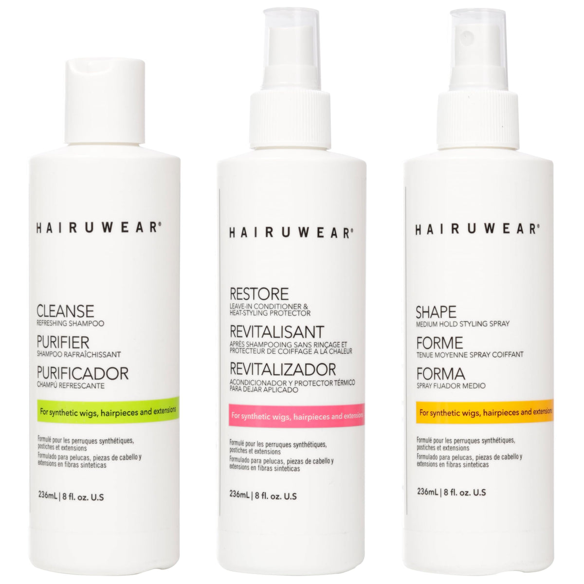 HairUWear shampoo bottle front for synthetic wigs; cleans dirt and buildup safely