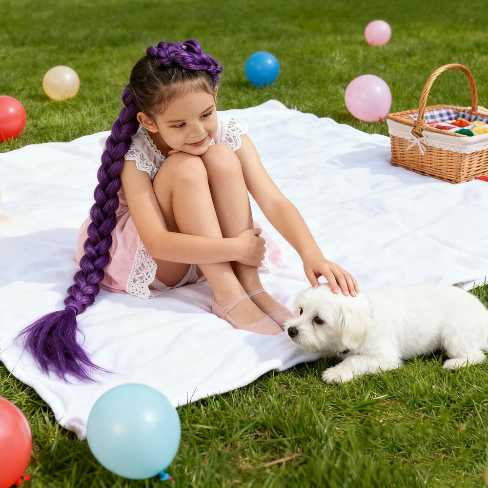 HAITOO cosplay halloween purple braiding hair shown with character costume.
