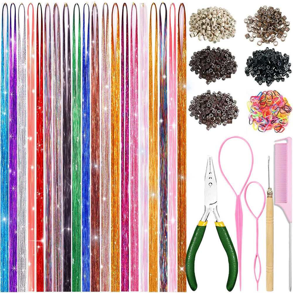 HAITOO Hair Tinsel Kit shows 20 colors unboxed for vibrant party-ready strands.