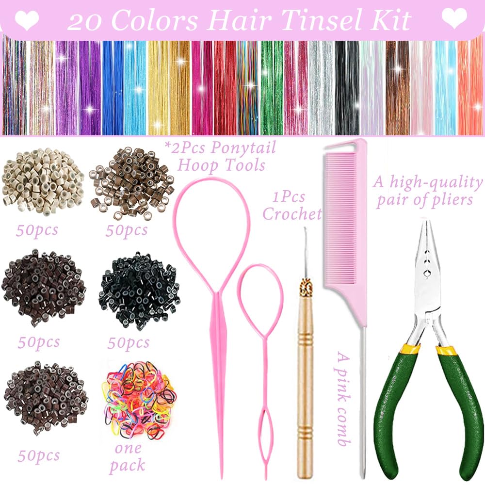 HAITOO Hair Tinsel Kit includes 50 silicone rings for secure sparkle attachment.