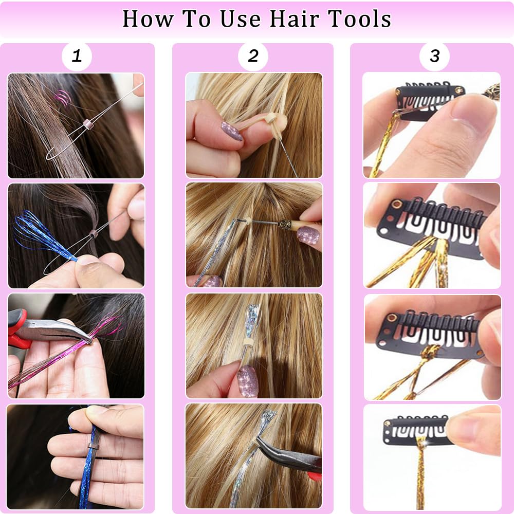 HAITOO Hair Tinsel Kit includes comb, crochet hook, plier and topsy tools for easy application.