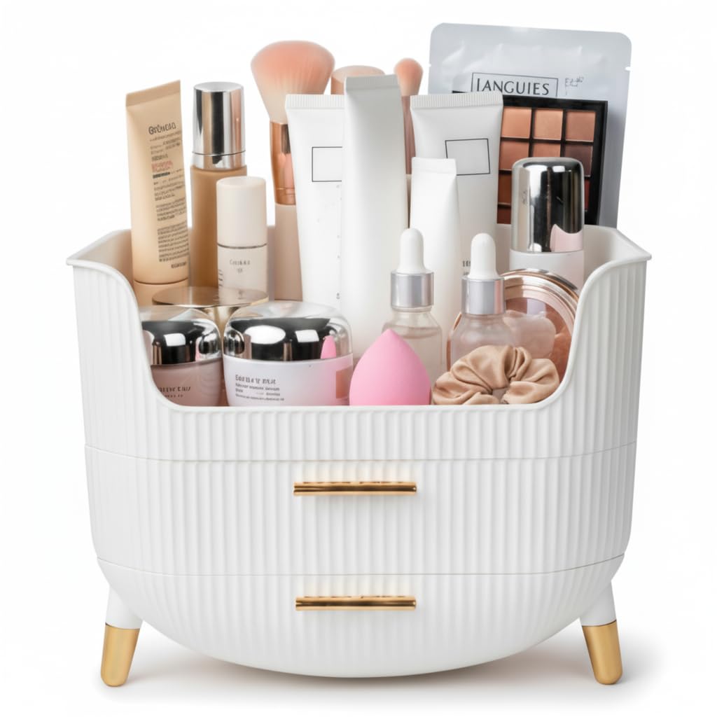 HALAFE makeup organizer front view highlighting ribbed texture and luxury vanity accents