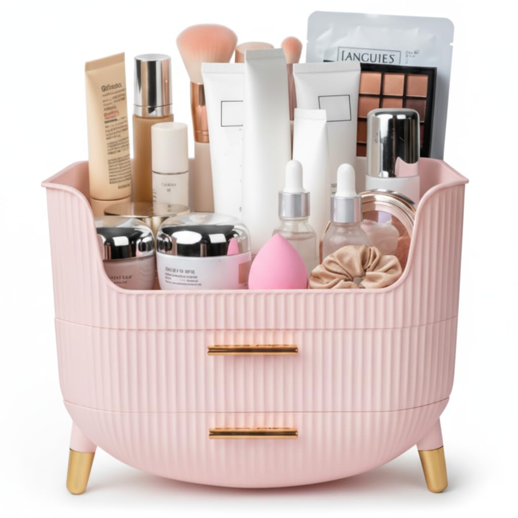 HALAFE makeup organizer front view in pink with space-saving drawers
