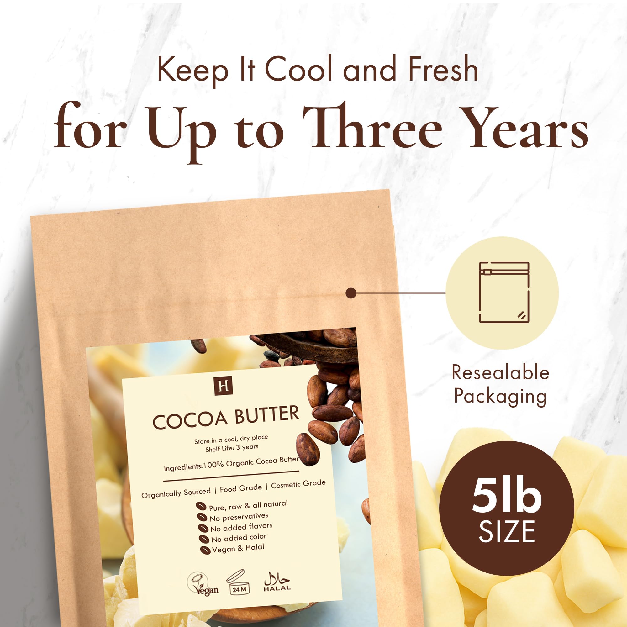 HalalEveryDay 5 lb cocoa butter bag supports body butter projects.