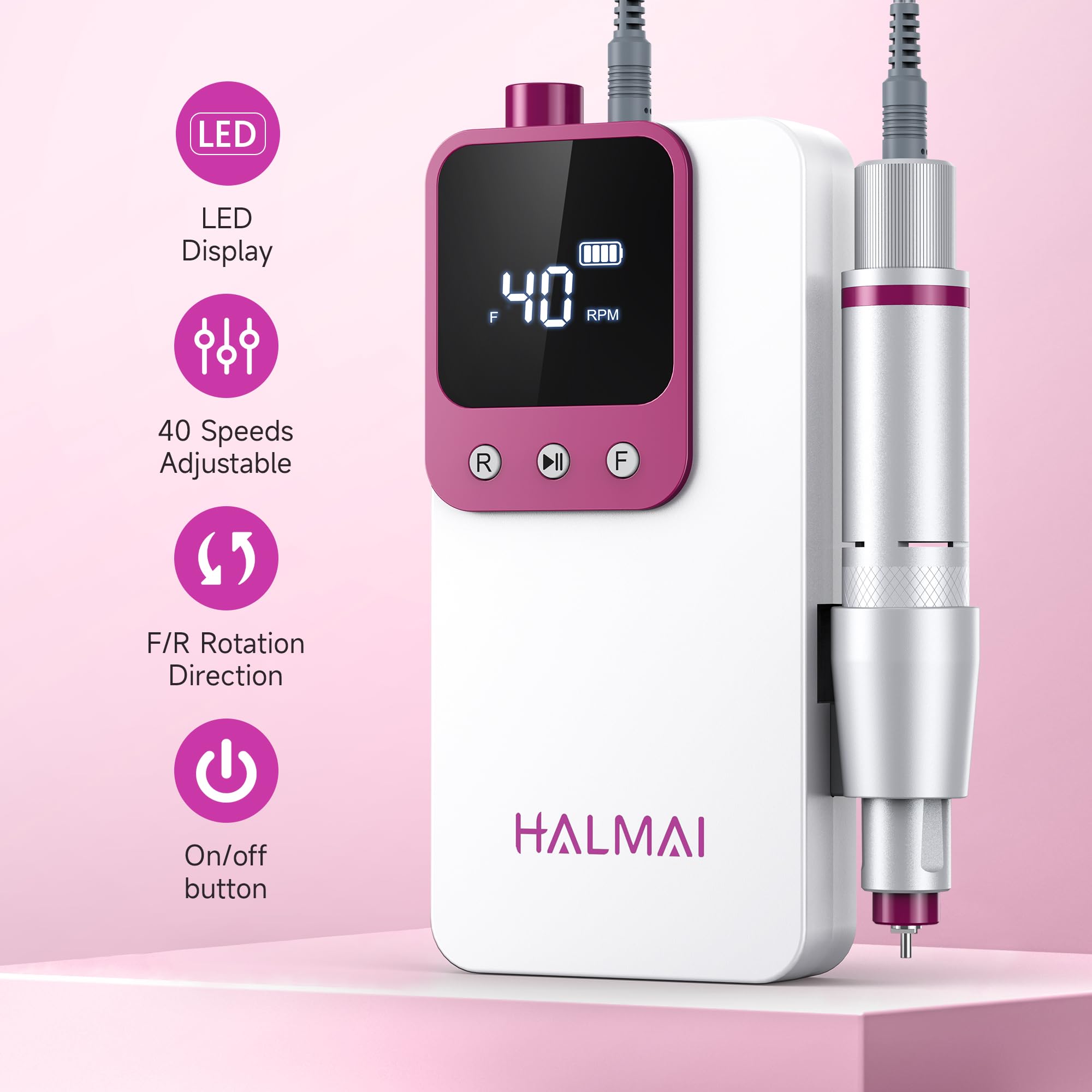 Halmai nail drill LCD display showing RPM, direction, and power