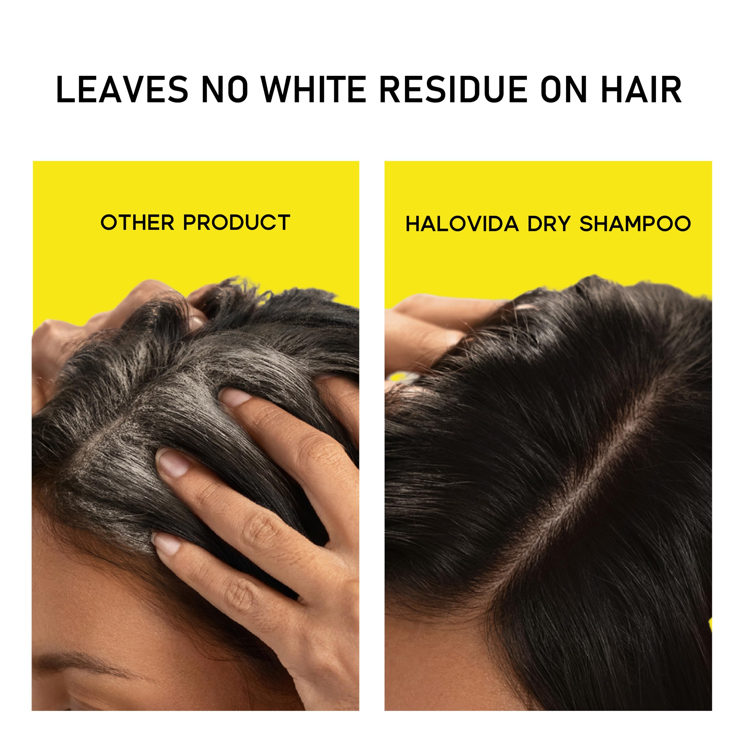 HALOVIDA dry shampoo on dark hair shows no white residue.