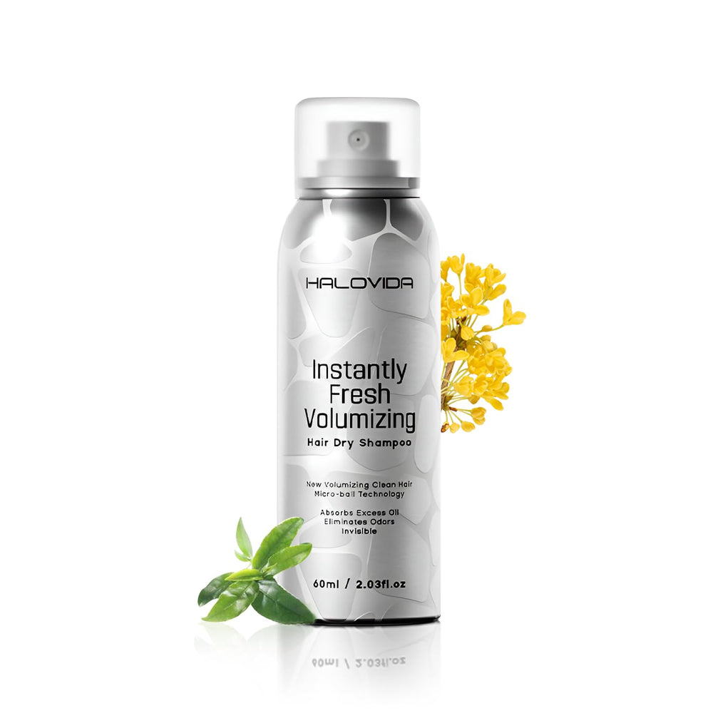 HALOVIDA dry shampoo on dark hair shows no white residue for a seamless refresh