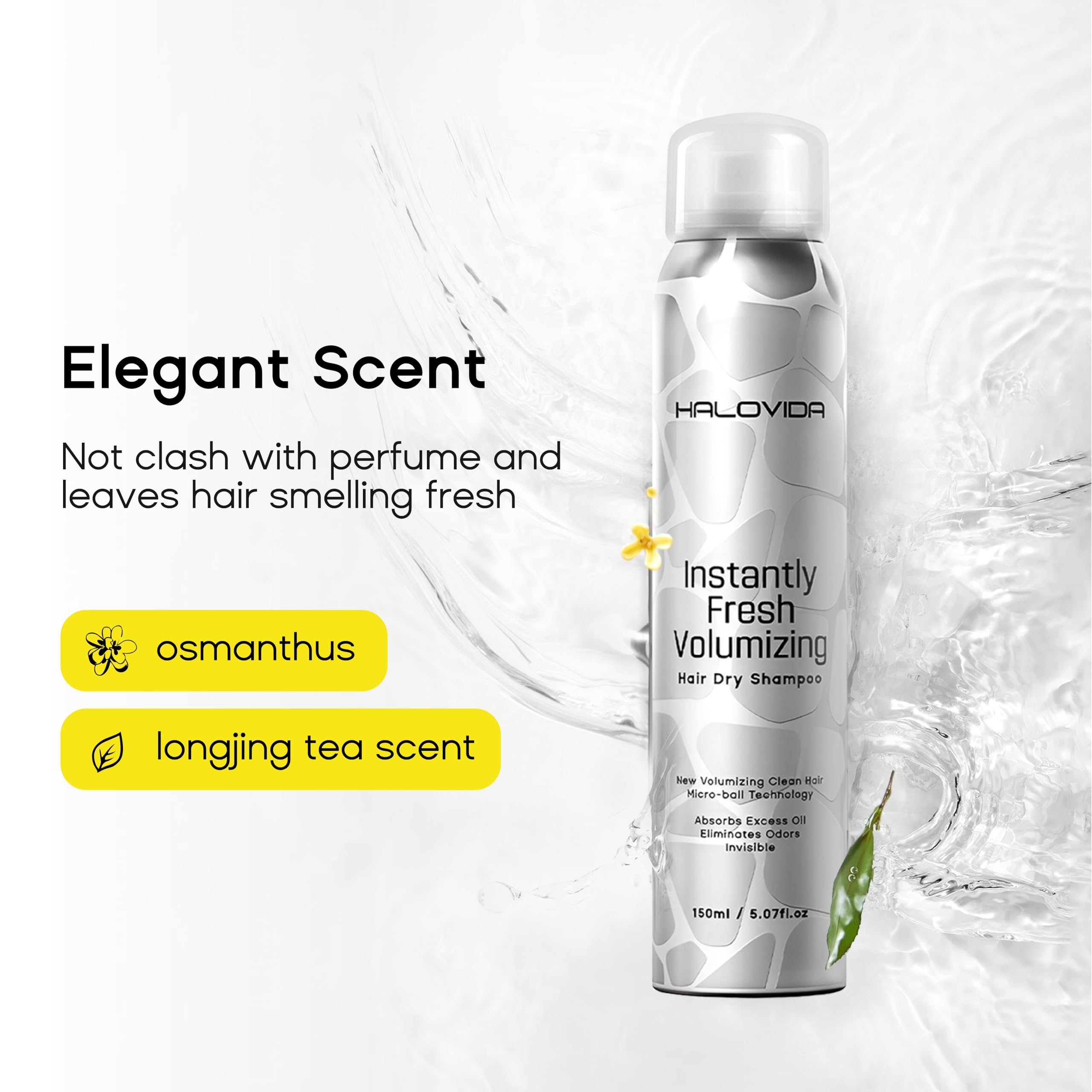 HALOVIDA dry shampoo bottle features Osmanthus scent for fresh fragrance.