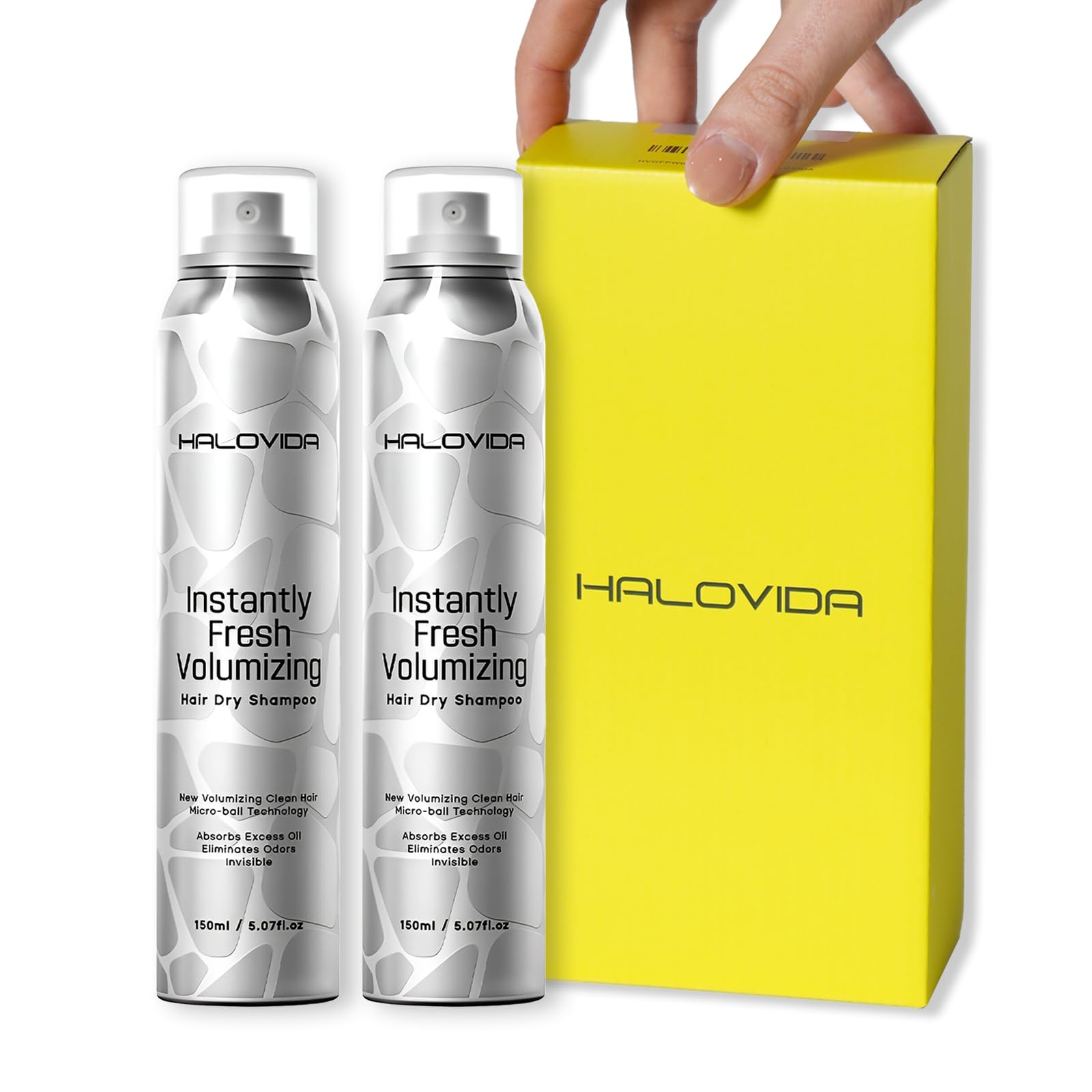 HALOVIDA dry shampoo packaging shows a compact bottle for quick refresh on the go.
