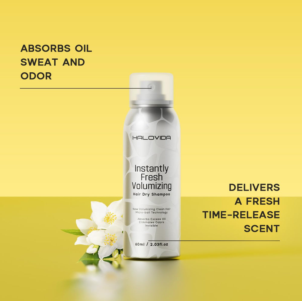 HALOVIDA Dry Shampoo for Women scalp-sensitivity friendly packaging suggests gentle care for sensitive scalps.