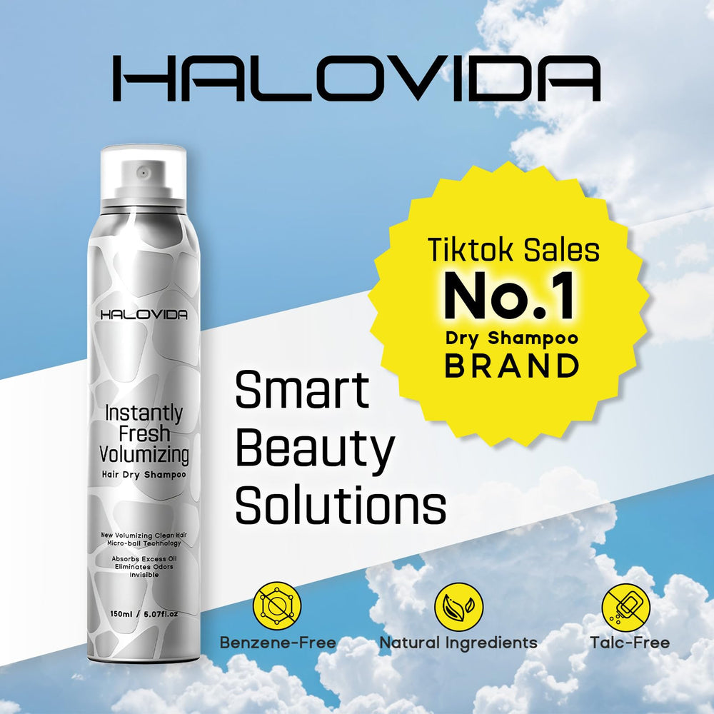 HALOVIDA Dry Shampoo for Women photoreal product shot suggests versatile styling between workouts.