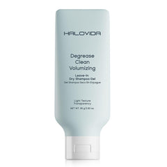 HALOVIDA leave-in dry shampoo gel bottle pour shows instant oil absorption and volume boost.