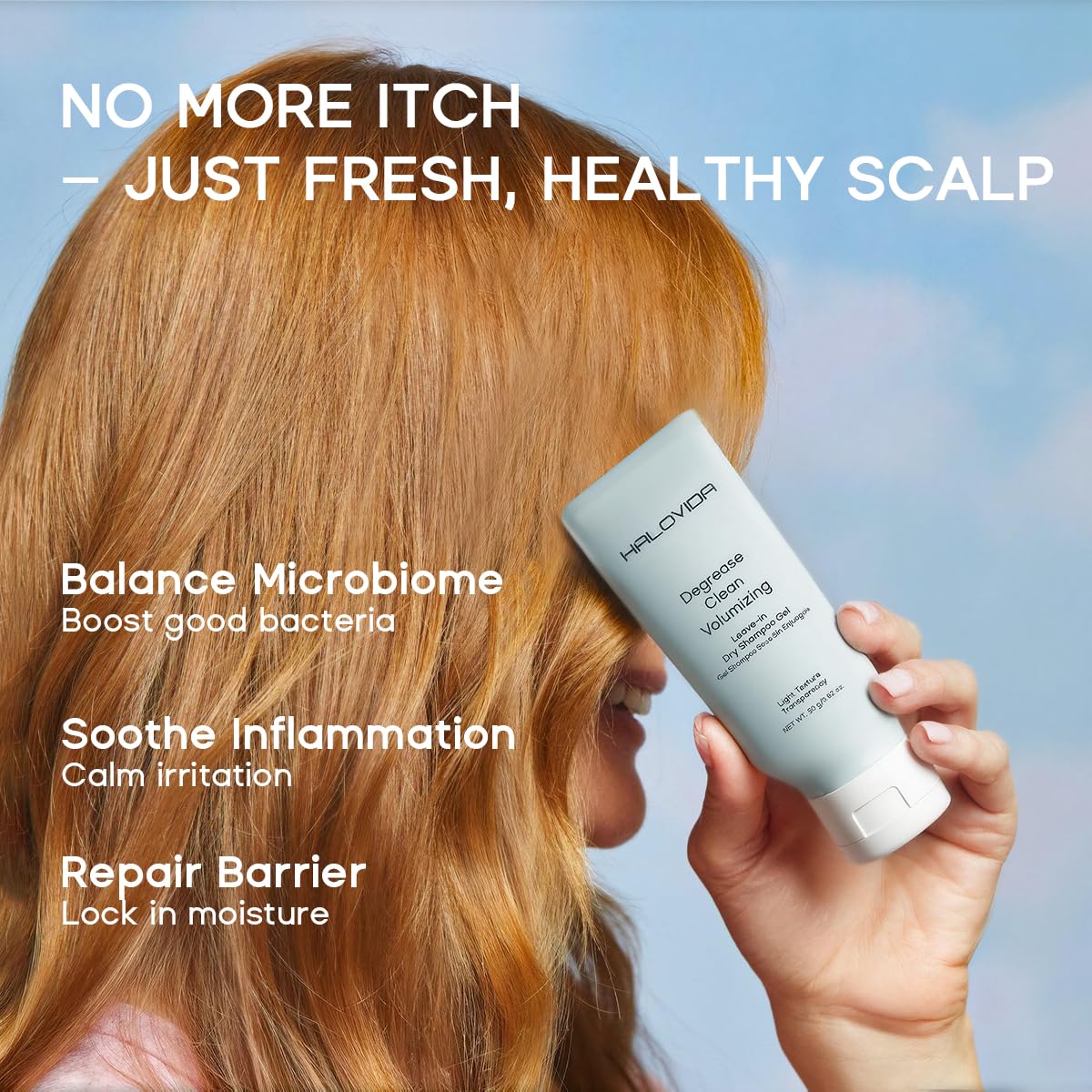 HALOVIDA leave-in dry shampoo gel at roots for precise application and fresh lift.