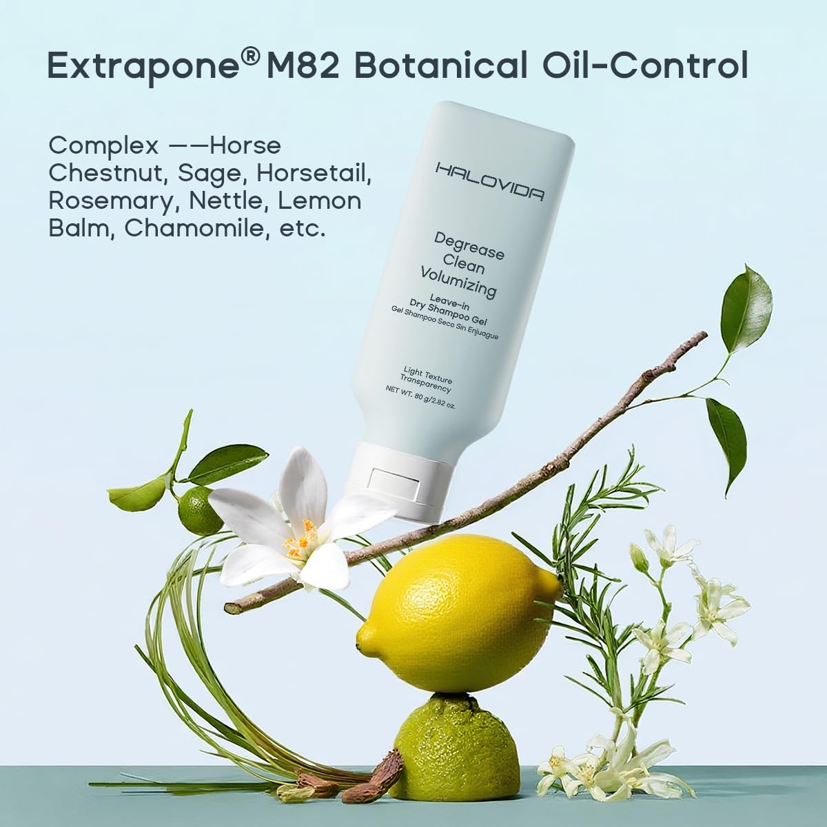 HALOVIDA scalp-balance shot highlights prebiotics and postbiotics for scalp comfort.