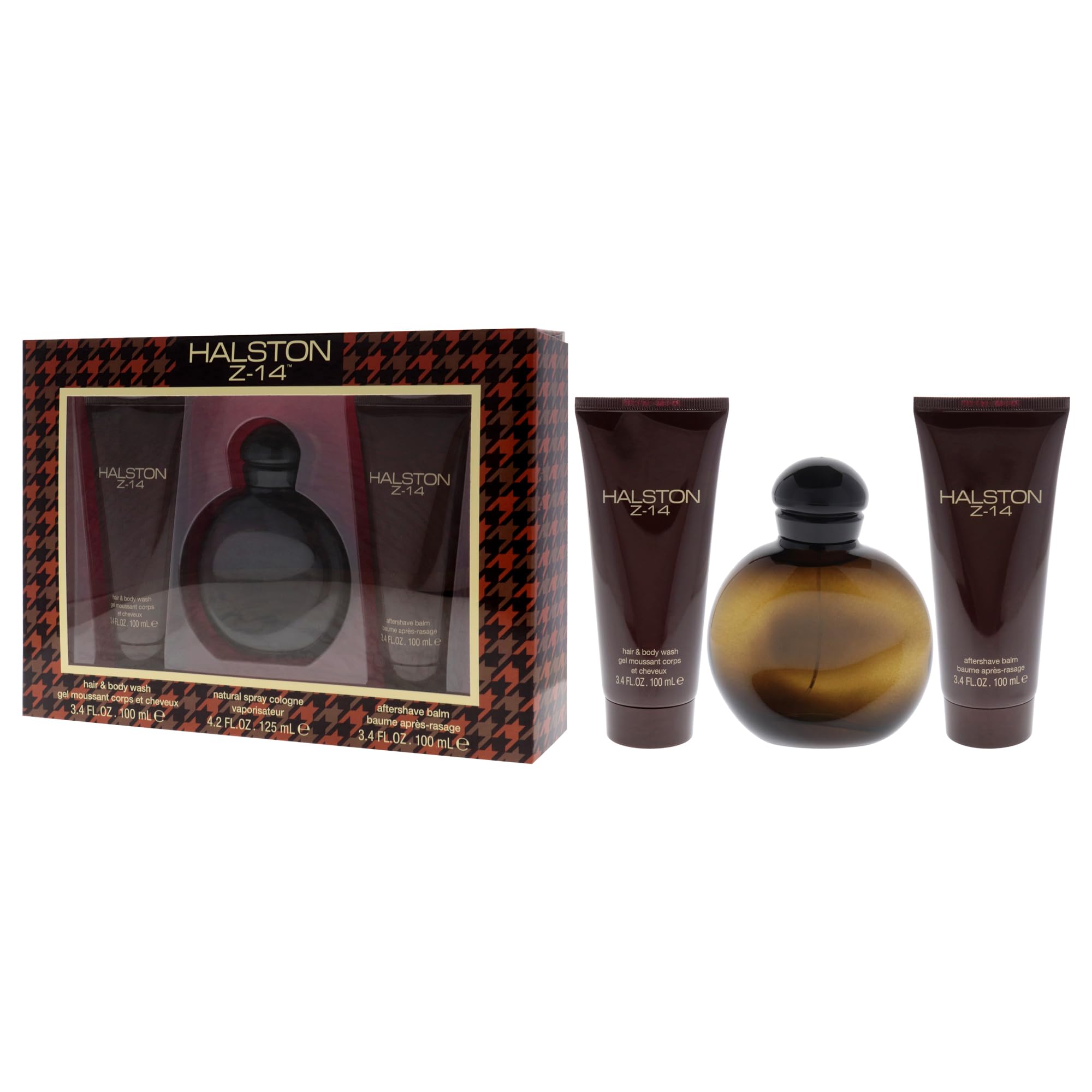 Halston Z-14 hair and body wash bottle for a refreshing cleanse.