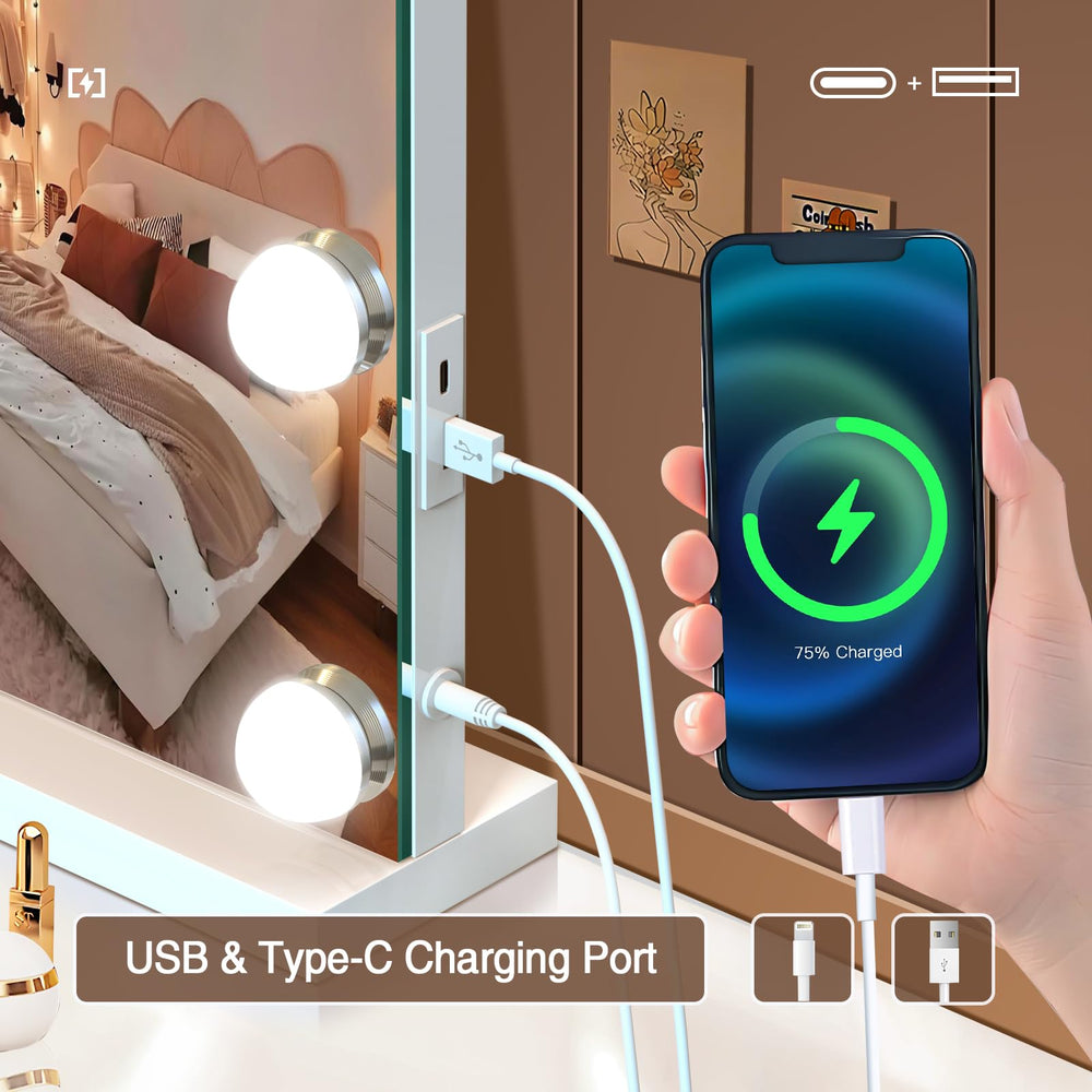 Halumao vanity mirror USB port for charging devices during makeup