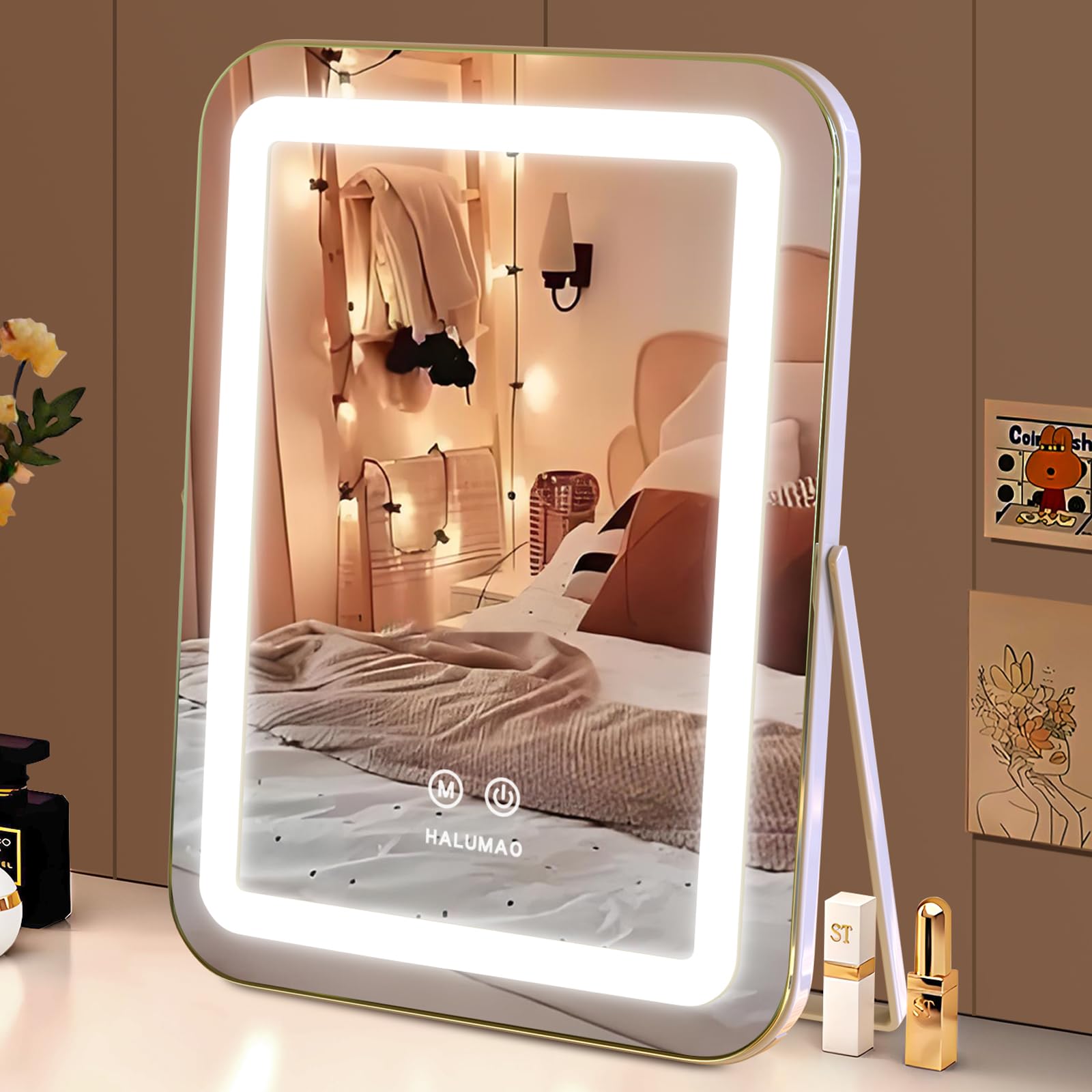 Halumao vanity mirror with lights, front view for makeup application