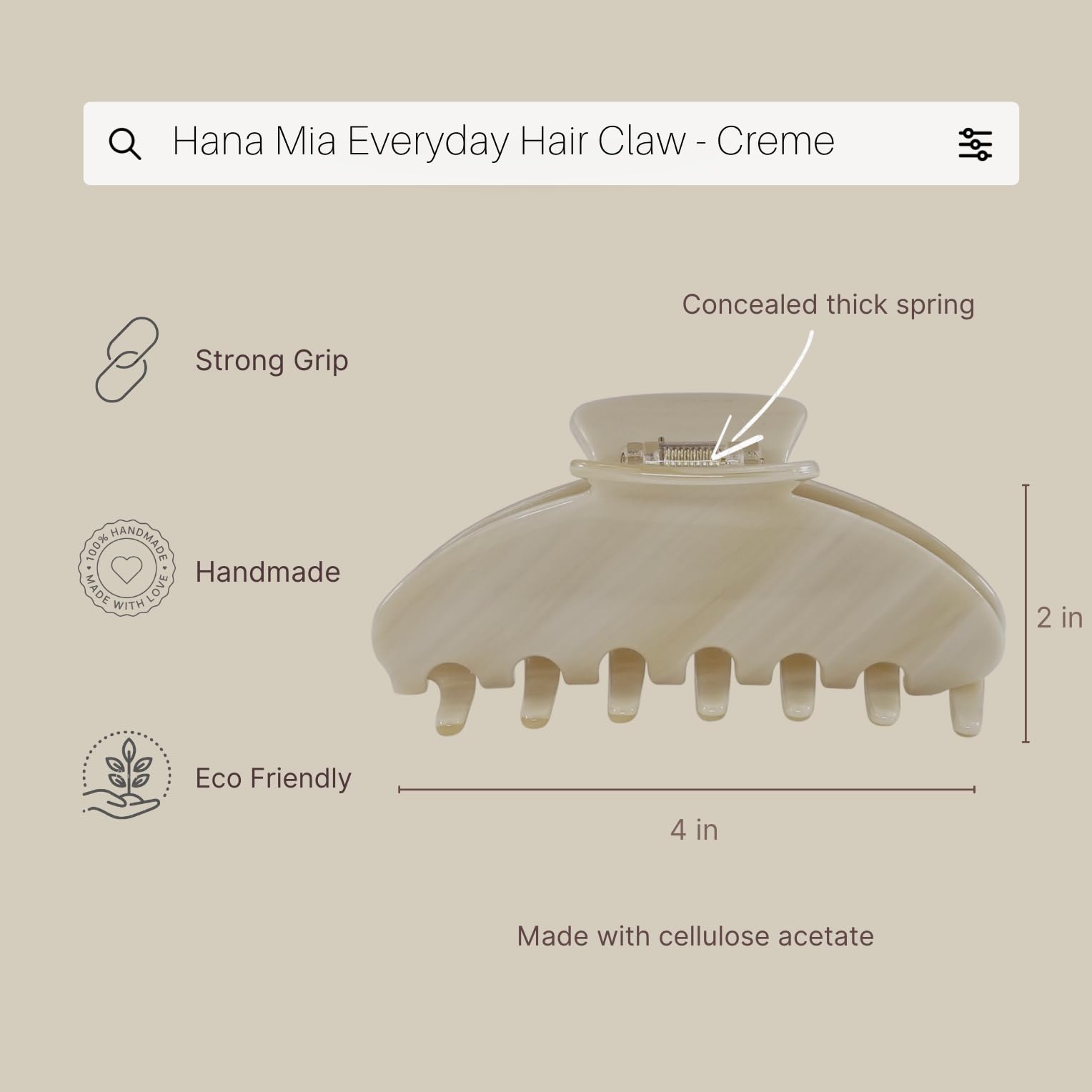 Hana Mia durable acetate clip with no-slip grip keeps hair secure
