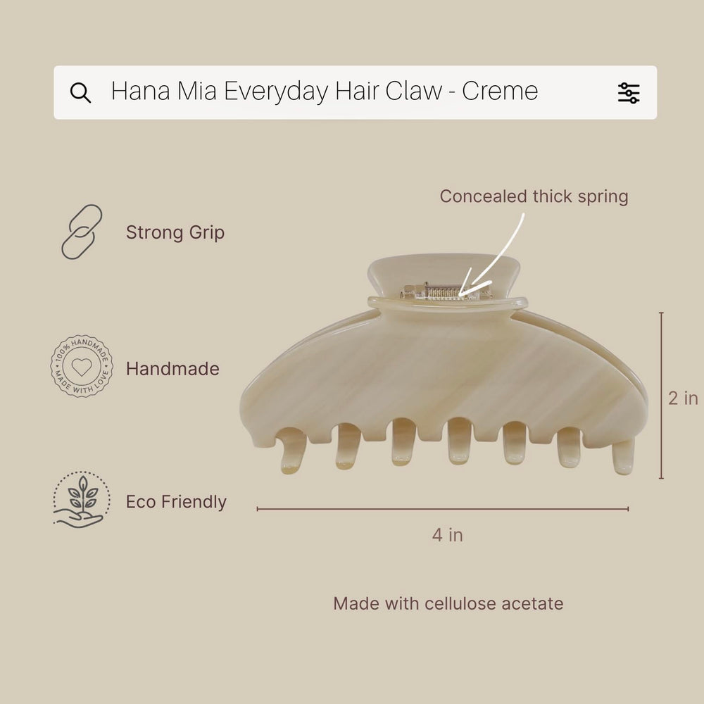 Hana Mia durable acetate clip with no-slip grip keeps hair secure