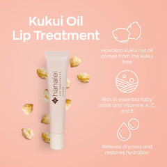 Hanalei kukui oil ingredient bottle highlighting natural emollients for dry lips.