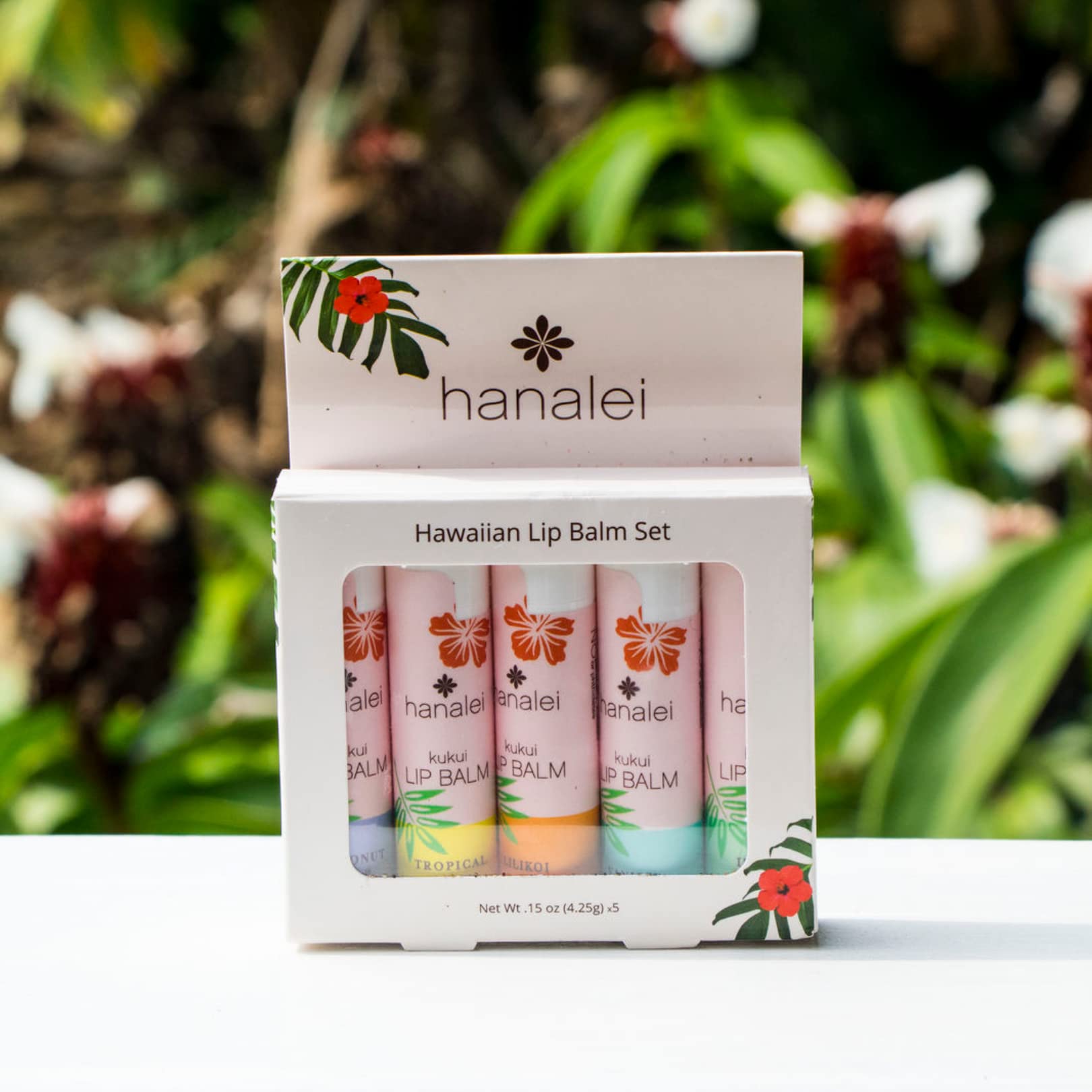 Hanalei lip balm Pack-shot shows five-tube variety for daily routines.