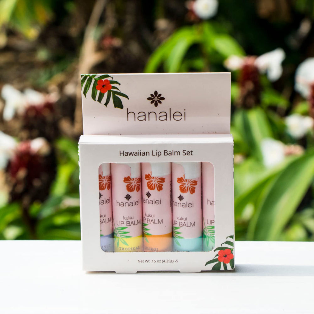 Hanalei lip balm Pack-shot shows five-tube variety for daily routines.