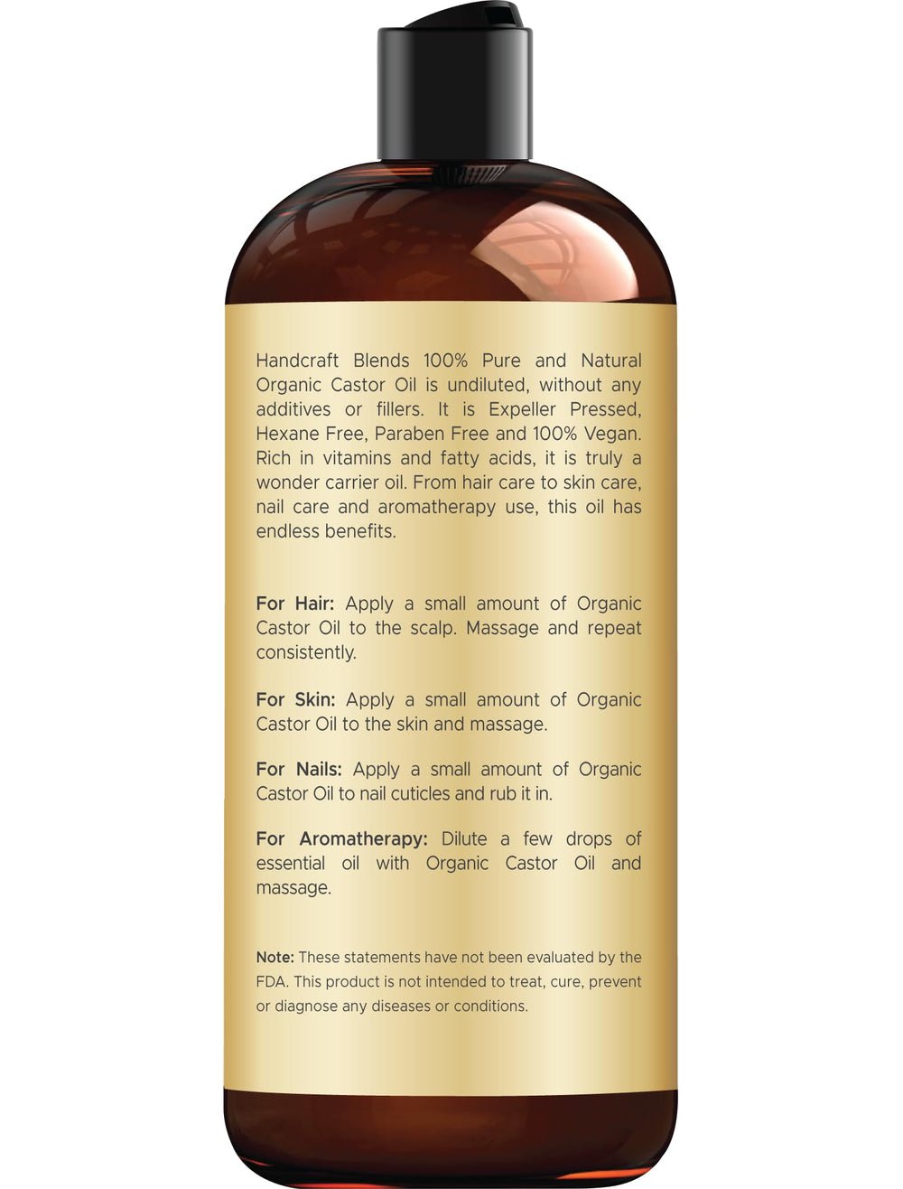 Handcraft Blends castor oil closeup label showing organic and expeller-pressed certification