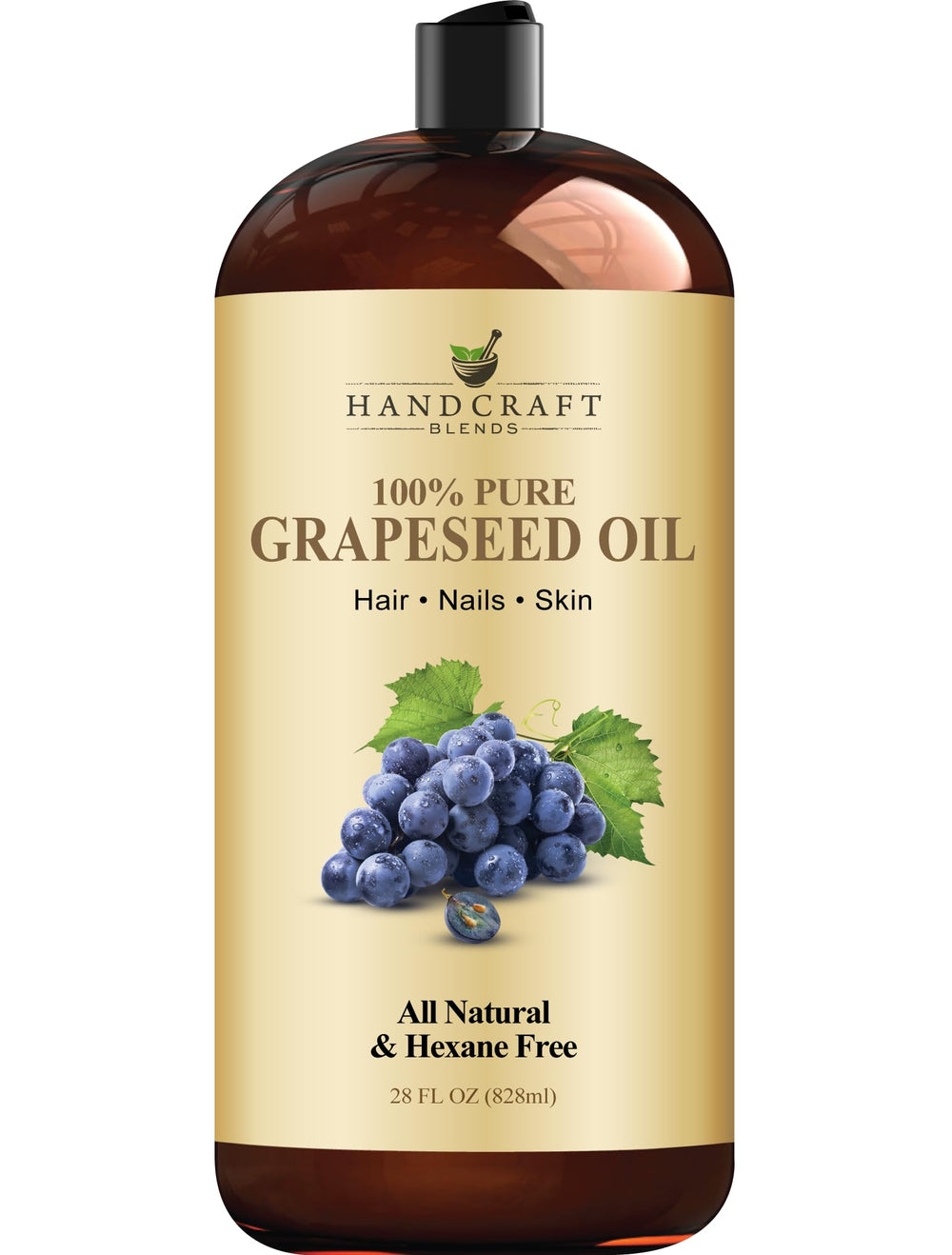 Handcraft Blends Grapeseed Oil bottle setup highlighting pure, fragrance-free carrier oil for skin and hair.